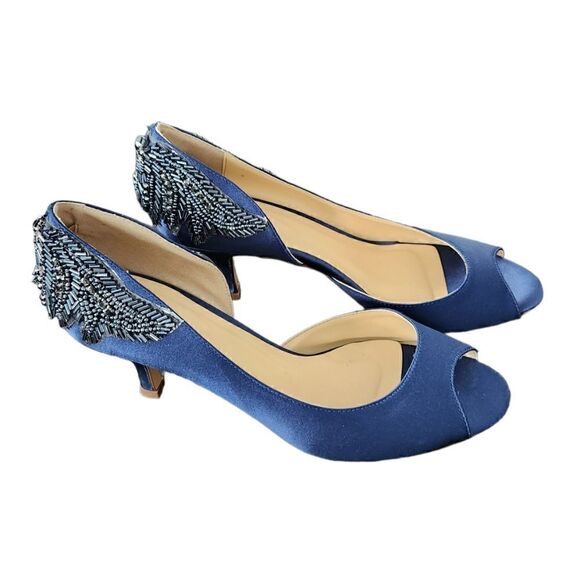 Paradox London Pink Blue Satin Embellished Beaded Peep Toe Heels - Picture 5 of 10